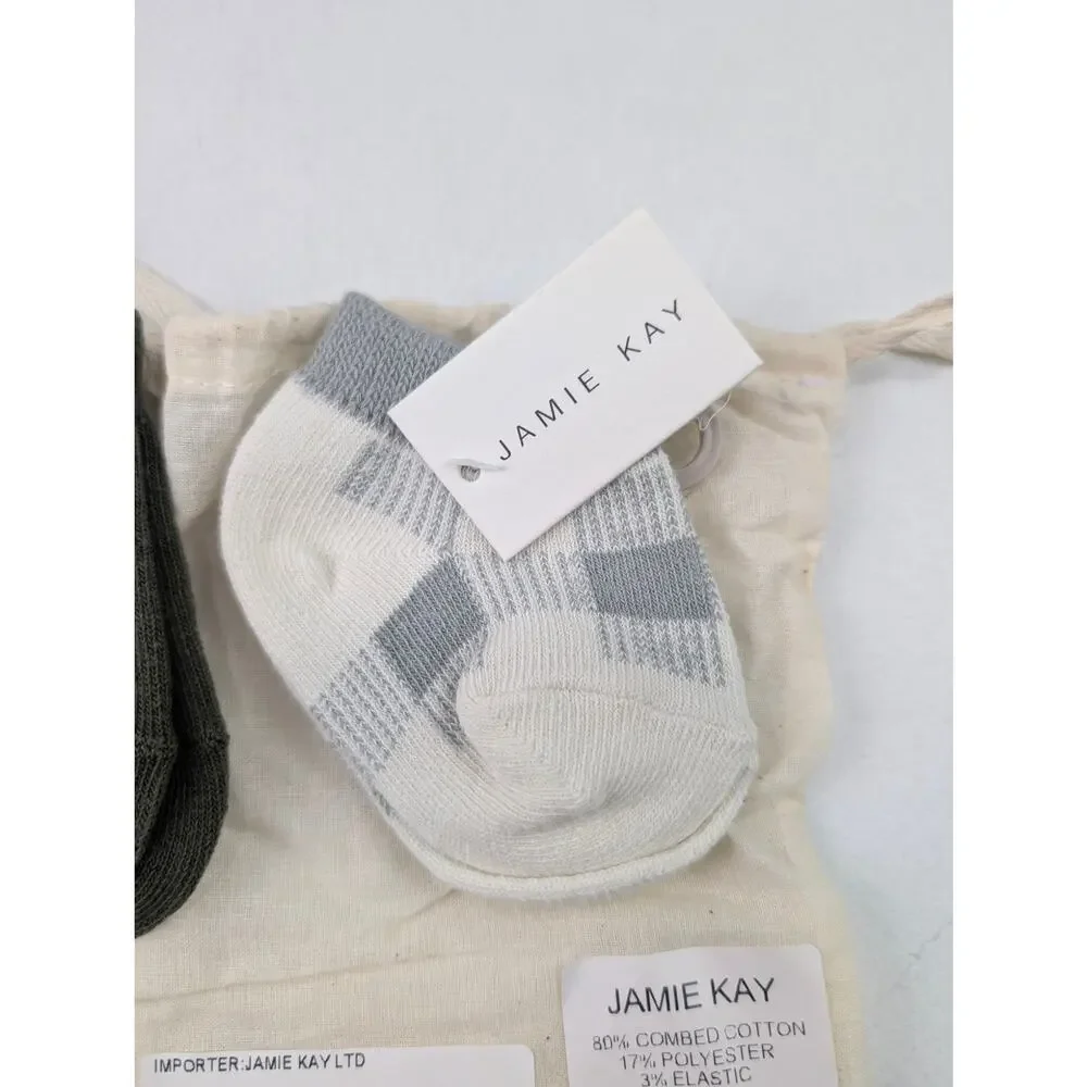 Jamie Kay 3 Pairs Baby 0-3 Months Ankle Socks - Olive Twinkle Toes Gingham Gray